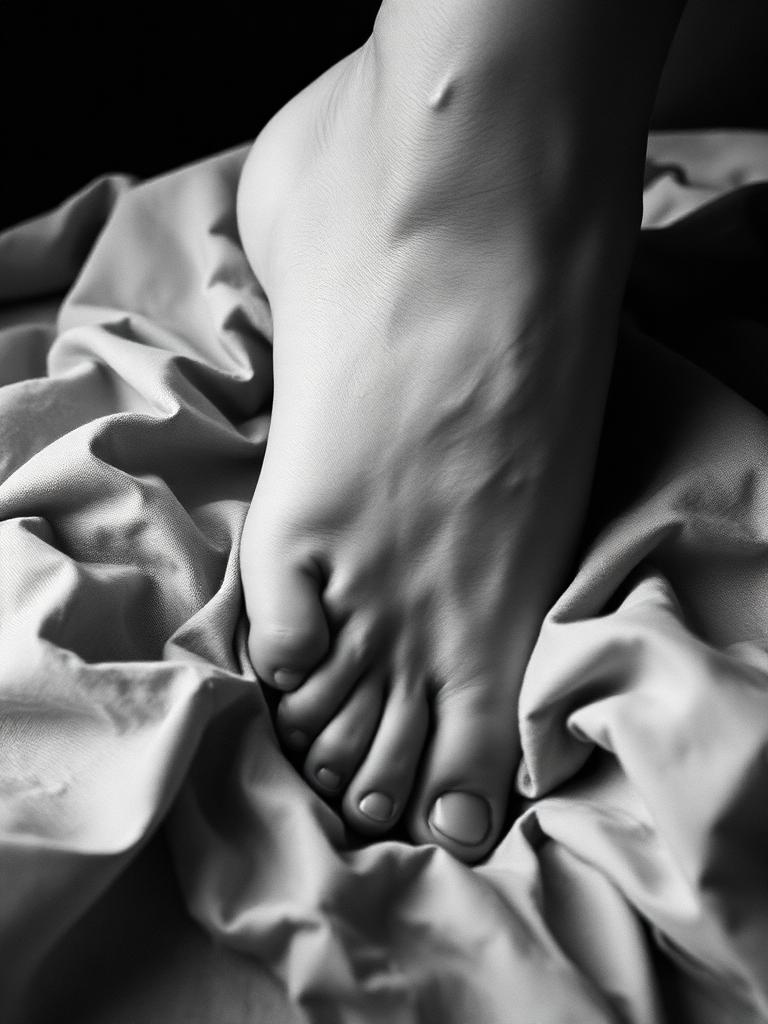 Black and white study of a bare foot arch resting on rumpled linen