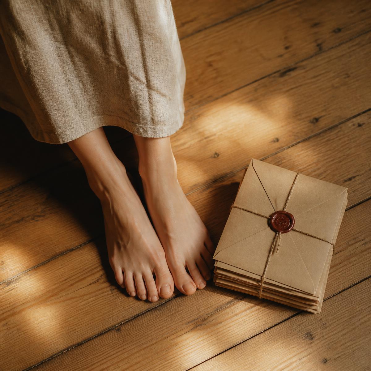Bare feet on warm wooden floorboards beside a bundle of kraft envelopes sealed with red wax