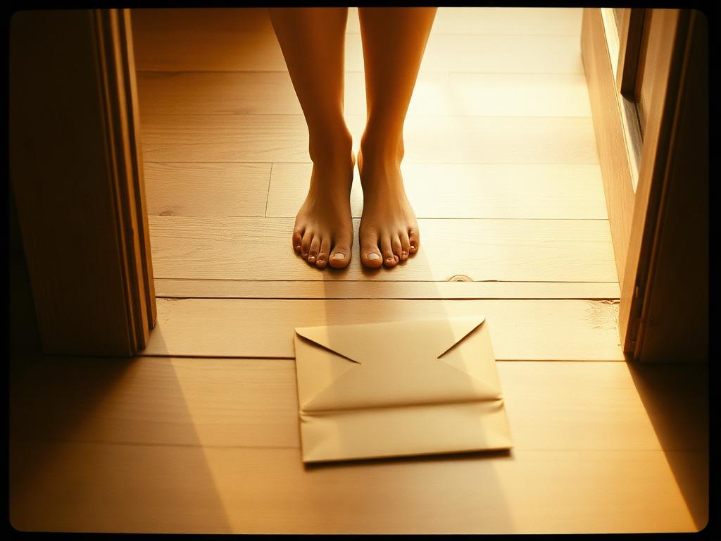Bare feet at a doorway beside a delivered kraft envelope in warm morning light